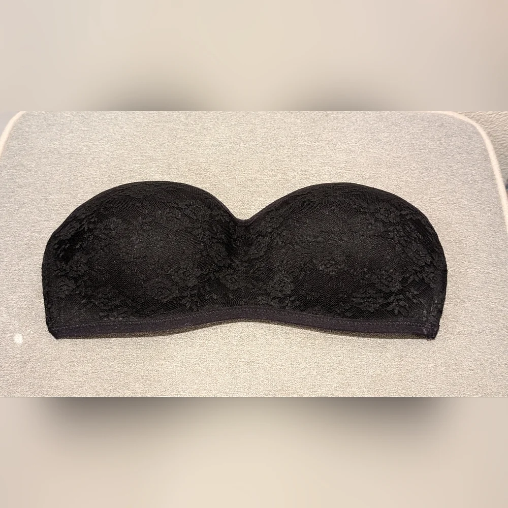 VICTORIA'S SECRET "PINK" BLACK LACE STRAPLESS PADDED BANDEAU BRA SMALL S/P - Picture 1 of 5